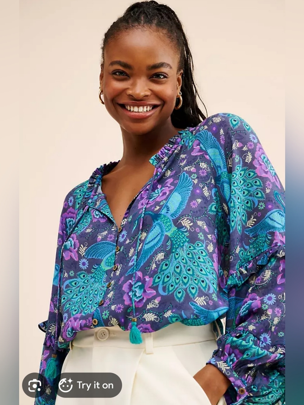Spell Peacock Floral Blouse Boho Tassel Top Purple Teal Medium Large